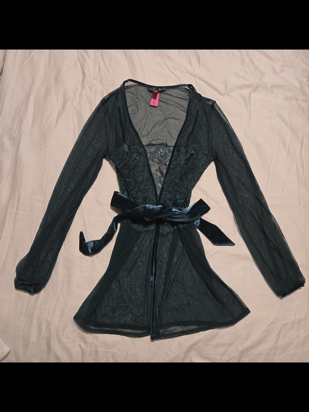 La Senza Sheer Lace Velvet Robe In Dark Emerald Green - Picture 6 of 14